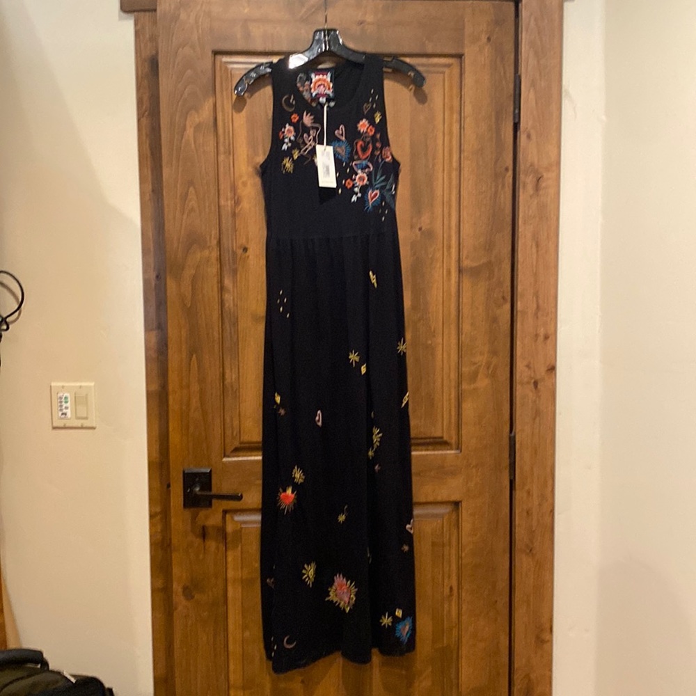 Johnny Was Black Maxi Dress with Colorful Embroidery